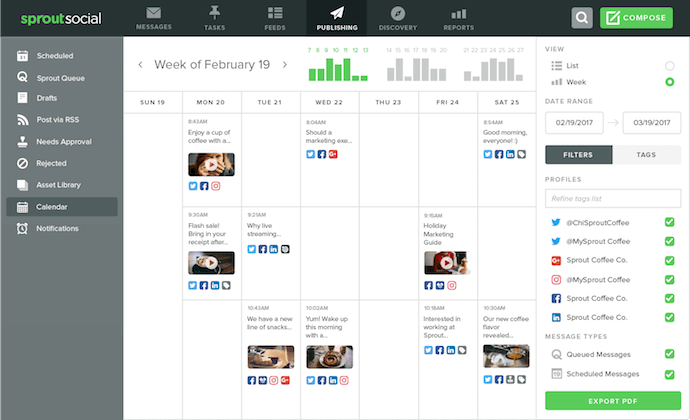 Interfaccia del calendario dei contenuti di Sprout Social, uno strumento per la pianificazione dei post di Instagram