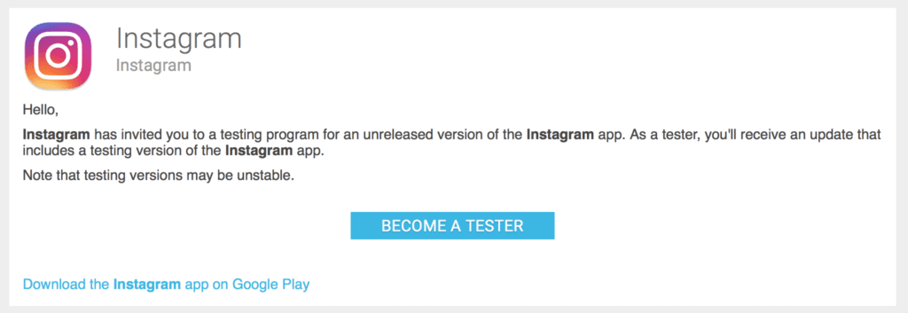instagram alpha testing program screenshot