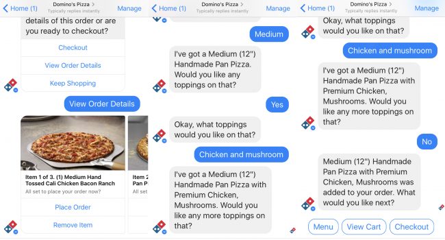 domino pizza bot su Facebook Messenger