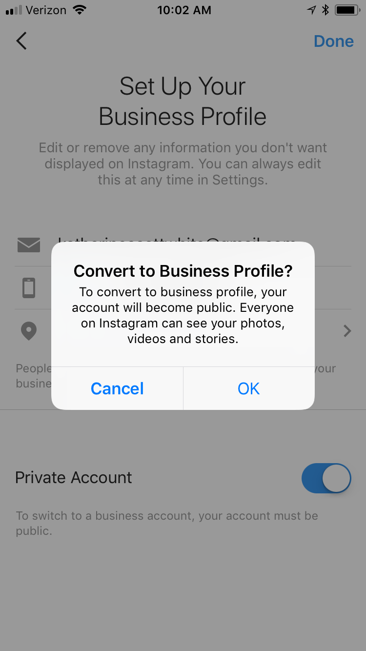 Screenshot: convertire in un profilo di Instagram per business