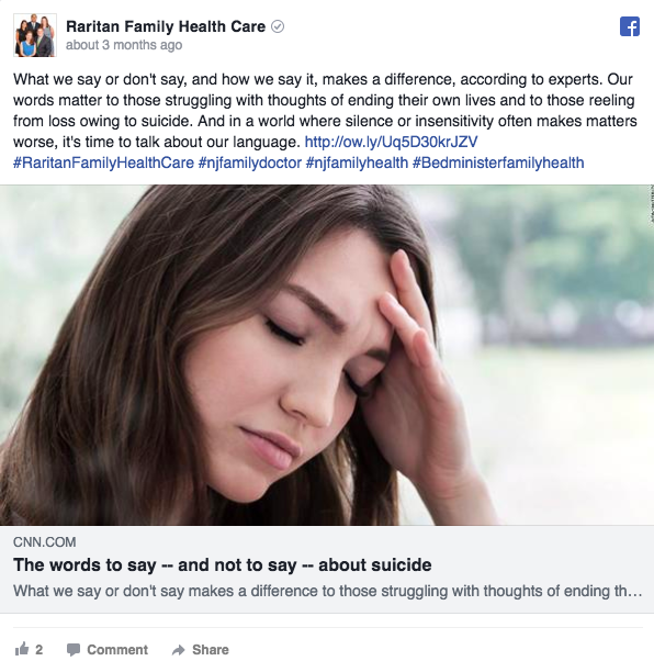 Annuncio pubblicitario di Facebook su annuncio Raritan Family Healthcare