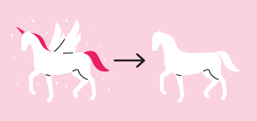 Cavallo bianco accanto all'unicorno rosa per mostrare la tecnica dei desideri per il brainstorming