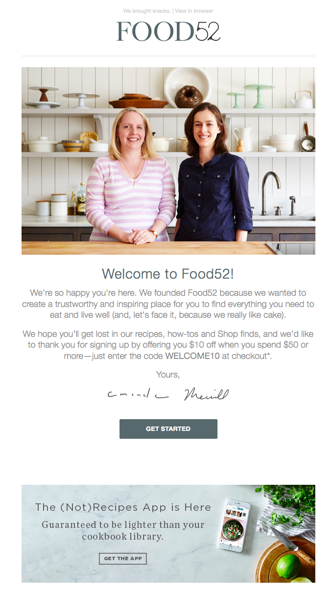Food52 e-mail di benvenuto con un CTA grigio per iniziare "title =" food-52-welcome-email.png