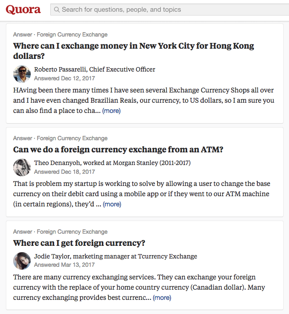Gruppo di domande Quora sullo scambio di valuta estera