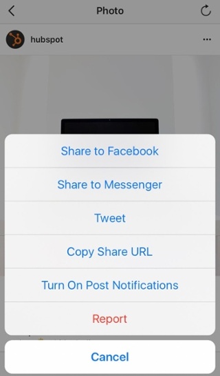 Opzione mobile per copiare l'URL di condivisione del post di Instagram
