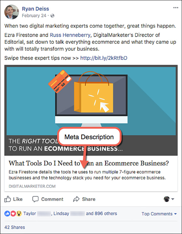 Meta description per un post sul blog DigitalMarketer su Facebook