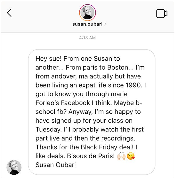 Un esempio di un messaggio diretto Instagram con un cliente che ha acquistato