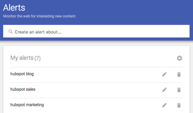 Dashboard di Google Alert con 7 parole chiave di marketing impostate per il monitoraggio