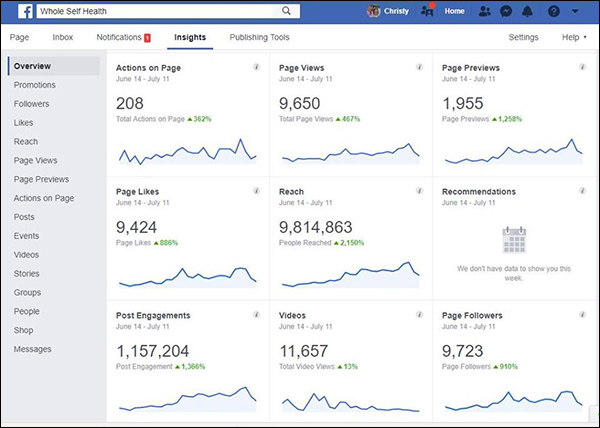 Facebook page insights for Whole Self Health