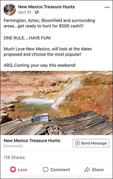 Caccia al tesoro post organico in cui qualcuno ha nascosto denaro in tutto il New Mexico