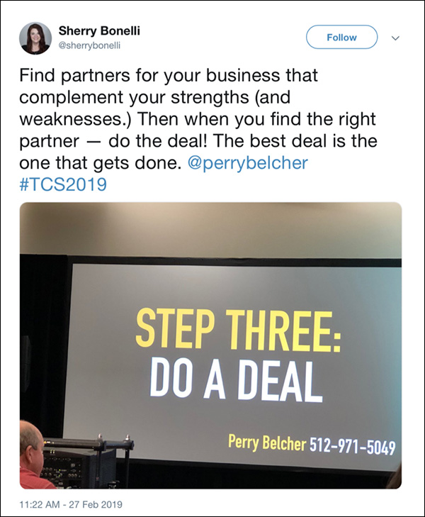 Tweet from Traffic & Conversion Summit Partecipante 2019 dal discorso di Perry Belcher: l'affare migliore è quello che viene fatto.