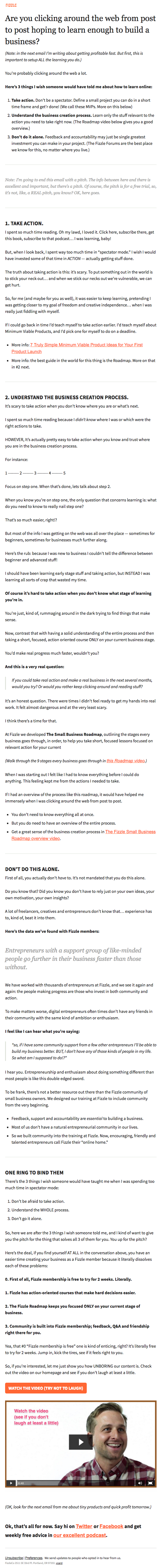 Esempio di progettazione di newsletter via email con suggerimenti sull'imprenditorialità di Fizzle