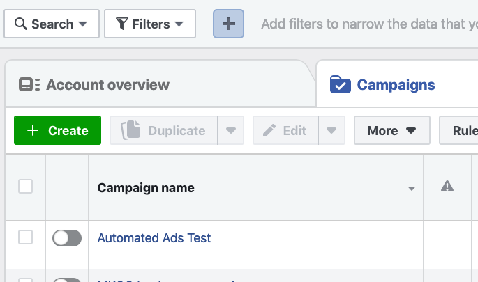 screenshot di gestione degli annunci pubblicitari automatizzati di Facebook