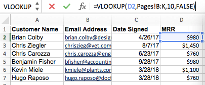 Riempimento di una nuova colonna con i dati del generatore di formule VLOOKUP di Excel