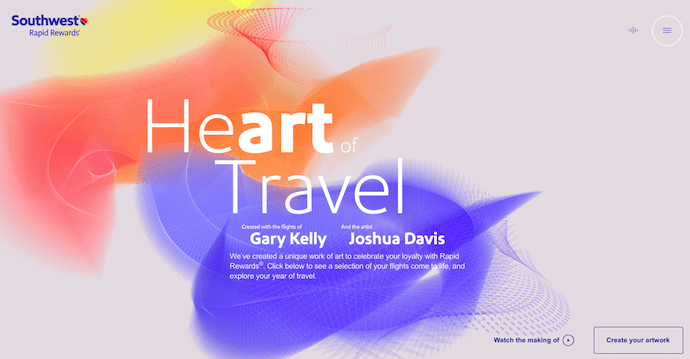 Homepage di Heart of Travel di Southwest Airlines, un sito web pluripremiato