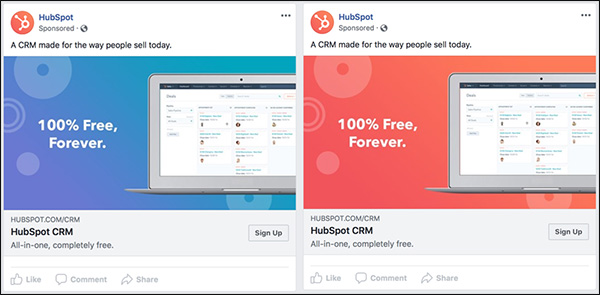 Due versioni di un annuncio Facebook di esempio da Hubspot