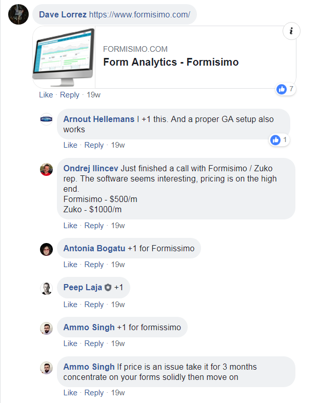 discussione su Facebook form analytics