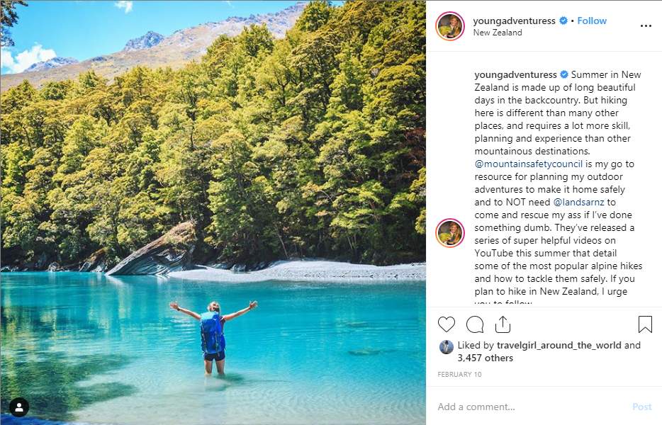 Post su Instagram influencer di avventura
