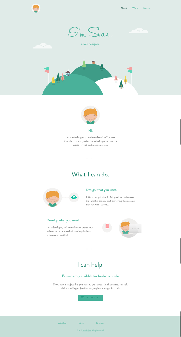 Sito Web di curriculum personale del web designer Sean Halpin, con illustrazioni in verde morbido