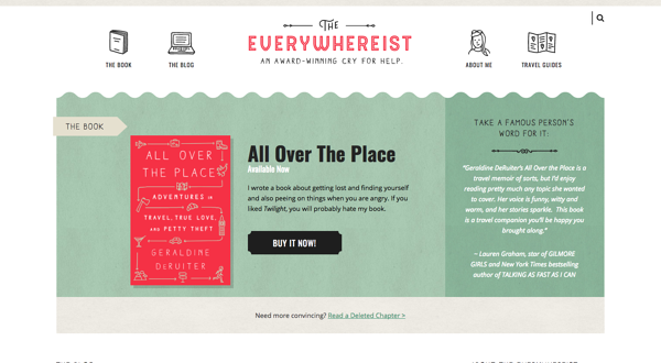 Blog personale di Everywhereist con homepage verde e rossa