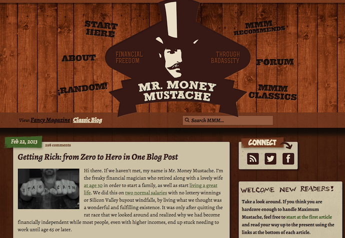 Blog di finanza personale di Mr. Money Moustache con sfondo a tema legno e logo illustrato