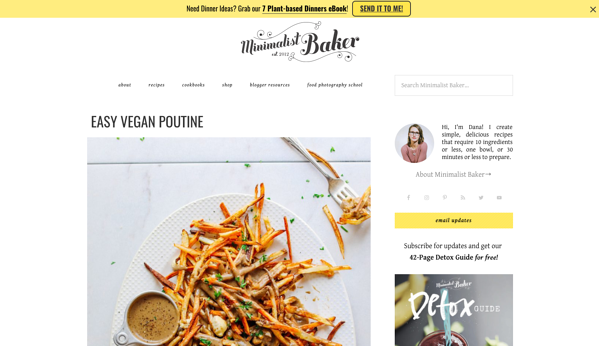 Blog di cibo personale di Minimalist Baker con tema sito Web giallo e bianco