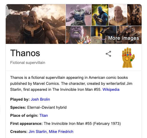 Thanos risultati di ricerca su Google