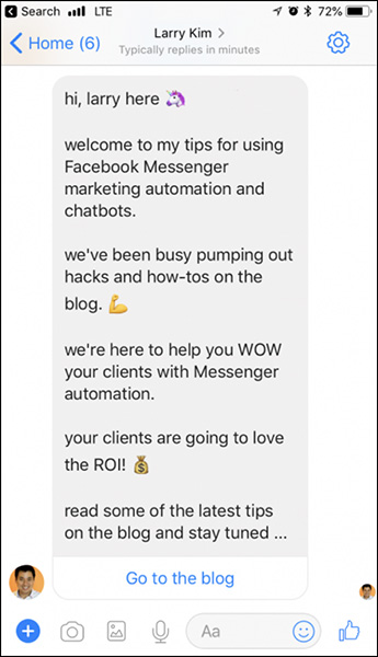 Visualizzazione messaggio dalla campagna Facebook Messenger Bot