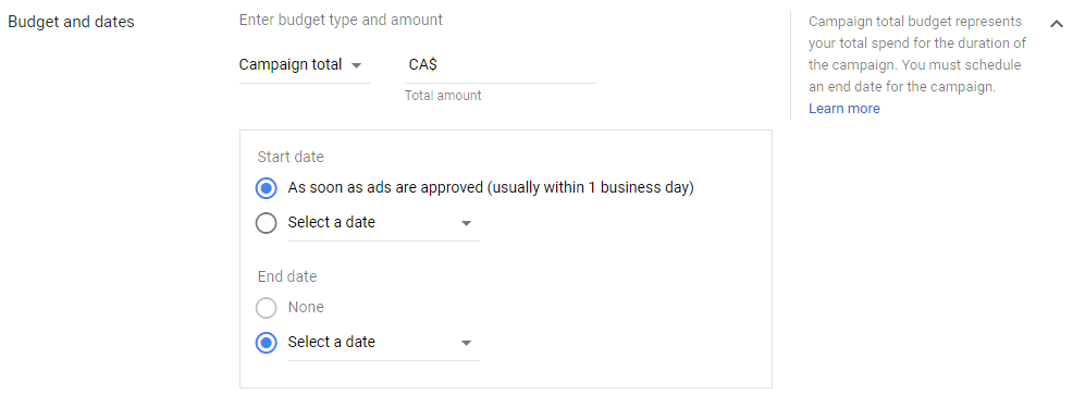 gli annunci di YouTube selezionano la durata della campagna.