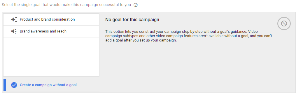 annunci di YouTube impostano gli obiettivi per la campagna.