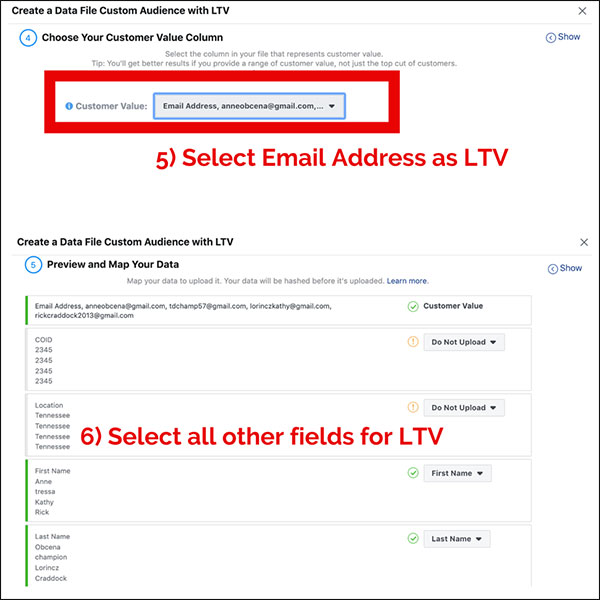 Per la colonna del valore del cliente, è necessario selezionare l'indirizzo e-mail come LTV, quindi selezionare tutti gli altri campi anche per LTV in Anteprima e Mappa dei dati.