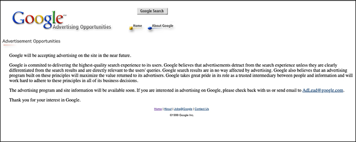 La pagina di Google Advertising prima dell'avvio di Google Adwords