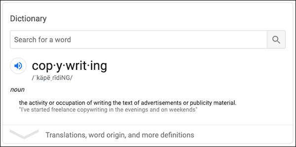 Definizione di copywriting dalla ricerca di Google