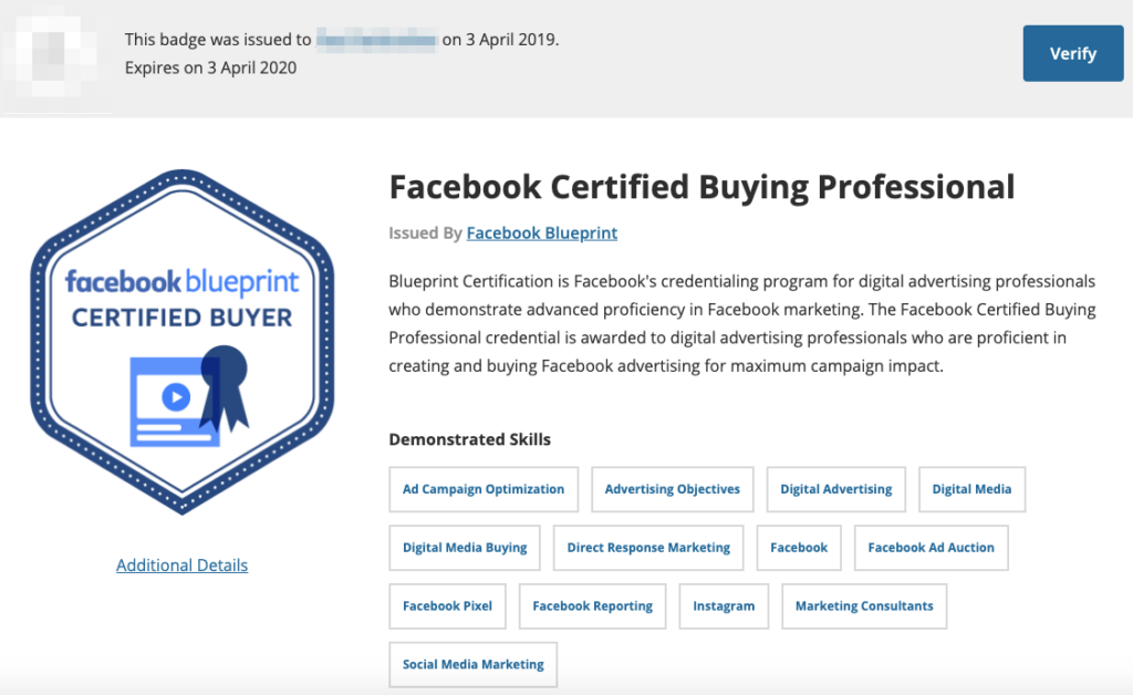 Badge professionale d'acquisto certificato Facebook