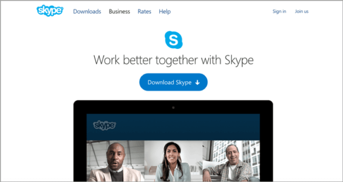 Pagina di destinazione di Skype