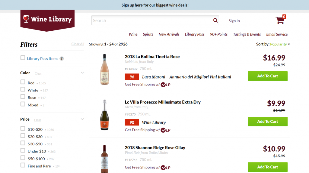 esempio di buona capacità di filtraggio su un sito Web di vini.