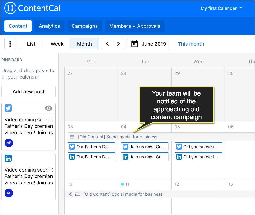 screenshot di un calendario dei contenuti che ricorda ai team dei contenuti di promuovere e aggiornare i contenuti.