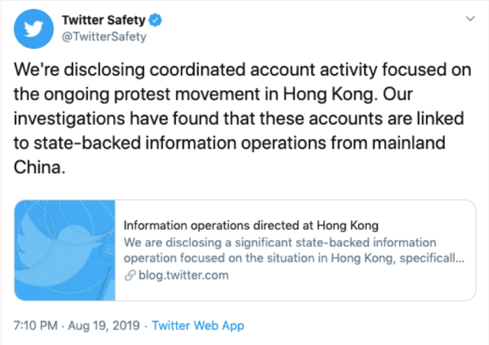 Twitter rimozione dell'account Hong Kong Tweet