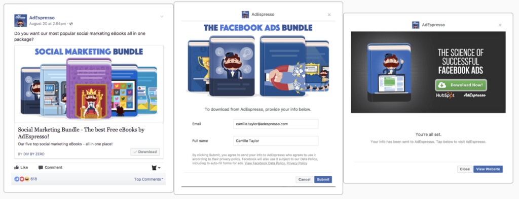 esempio di pacchetto di annunci di marketing sociale AdEspresso promosso su Facebook