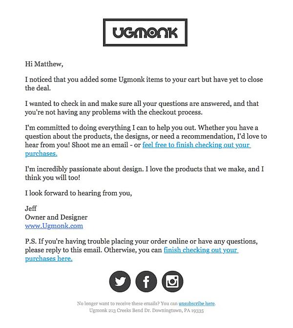 L'email del carrello abbandonato Ugmonk si concentra sulla personalizzazione.