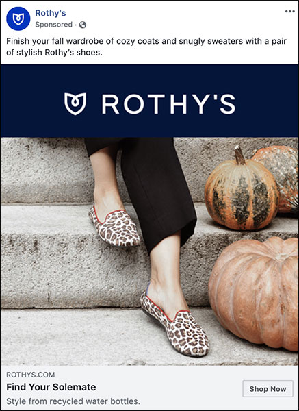 Annuncio di Rothy che ha un tema autunnale per la loro strategia di marketing stagionale