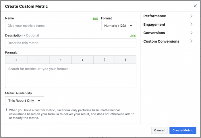 Rapporti Facebook: crea metriche personalizzate