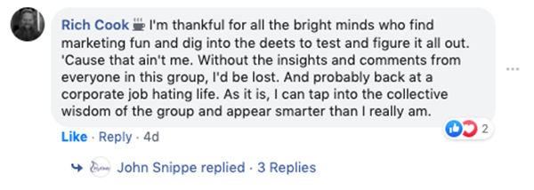 Rich Cook scrive un commento su Facebook parlando di quanto sia grato per le menti brillanti che trovano divertente il marketing
