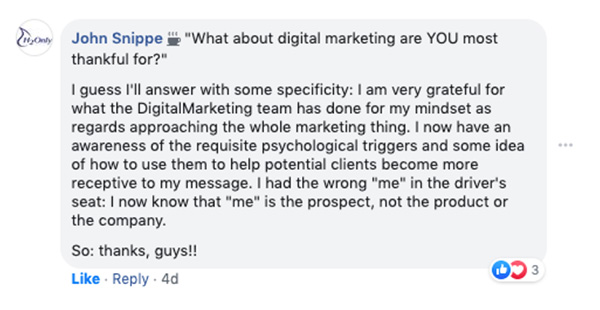 John Snippe scrive di ciò di cui è più grato nel marketing digitale, che è il team DigitalMarketer e l'effetto che hanno avuto sulla sua mentalità