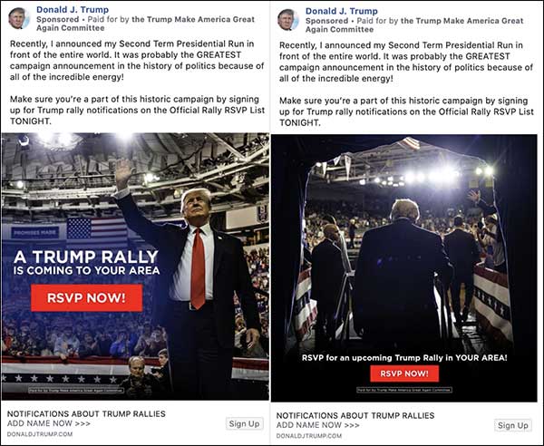 2 Esempi di annunci Facebook di Trump Rally con immagini visive variabili