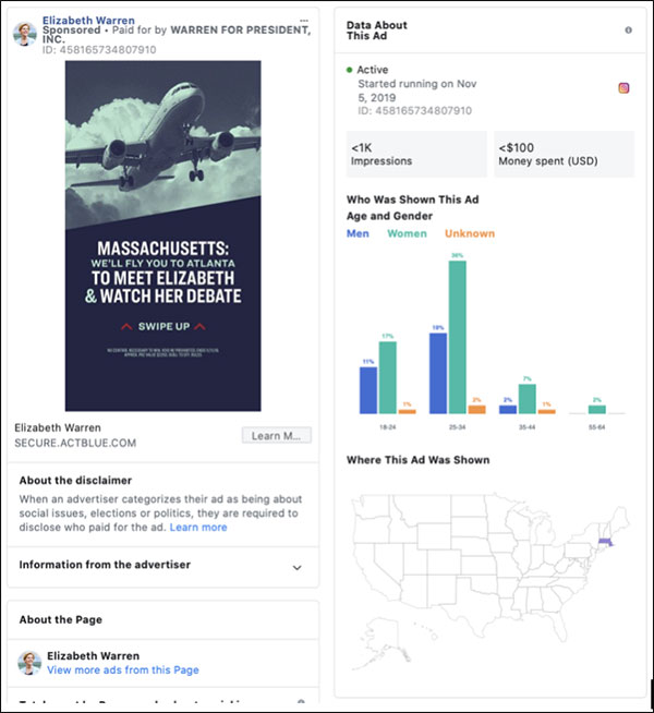 Un altro esempio delle impressioni, del denaro speso e dei dati demografici del pubblico target di Warren su Facebook