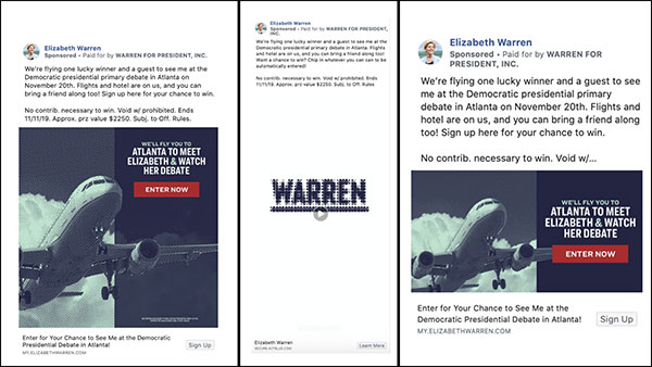 3 Esempi della campagna pubblicitaria su Facebook di Warren per venire al dibattito di Atlanta