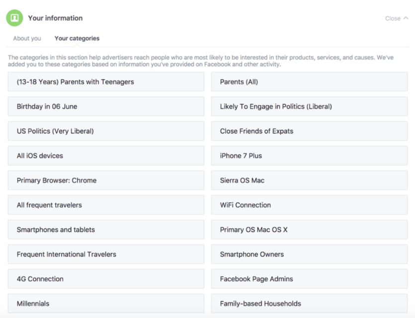 Metriche degli annunci di Facebook - Esempi di categorie di annunci