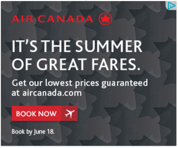 Un annuncio Air Canada con CTA Prenota ora
