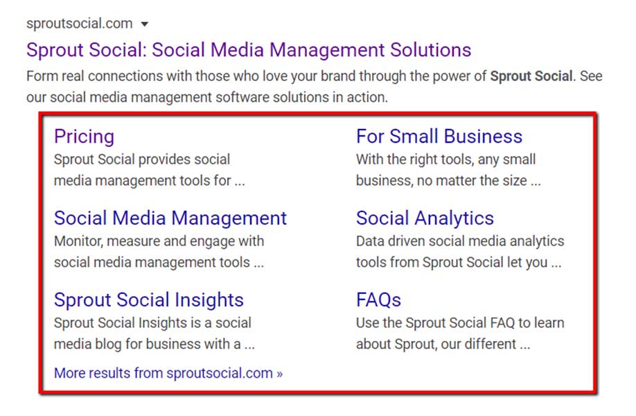 Menu di navigazione dei risultati di ricerca di Sprout Social (Prezzi, Gestione dei social media, ecc.)